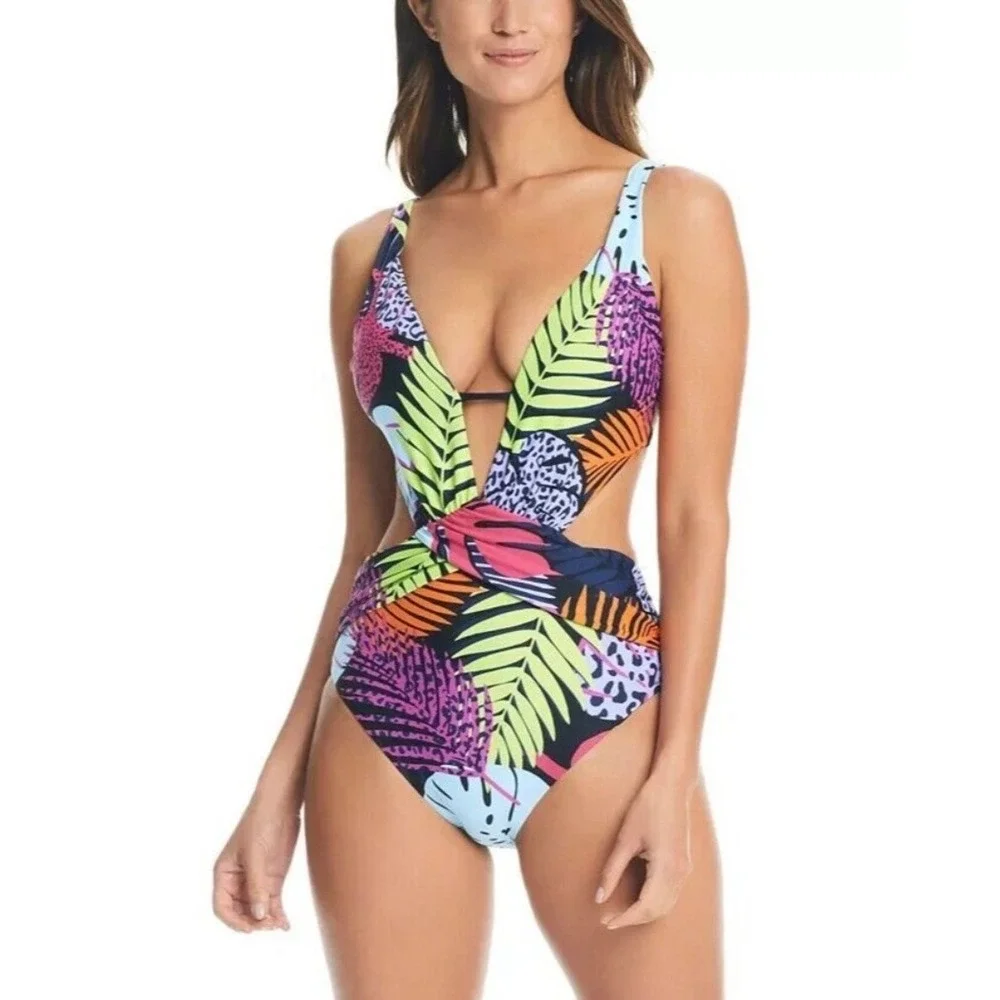 Bar III Womens Tropical Leopard Print Monokini Swimsuit Multicolor Sz XL NWT $94